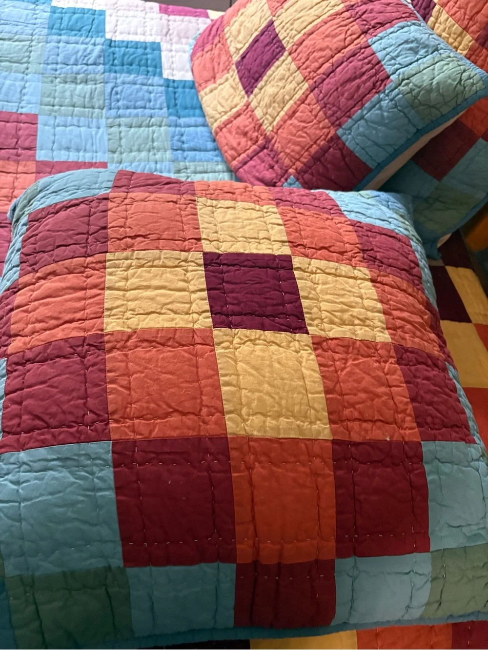 The Company Store Geometric Patchwork Quilt in Blue, Red & Yellow king